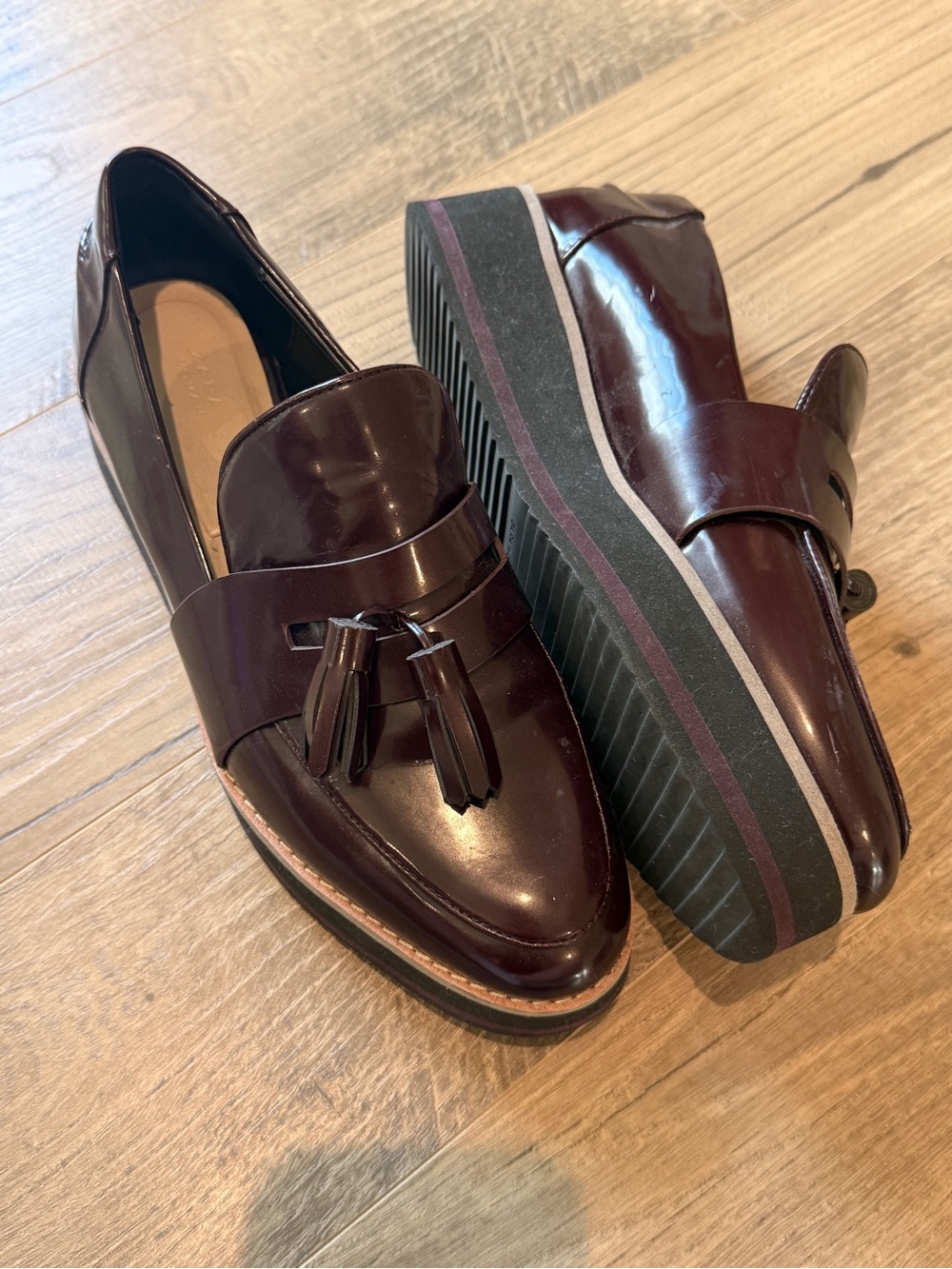 Zara Women's Burgundy Patent Tassel Platform Loafers